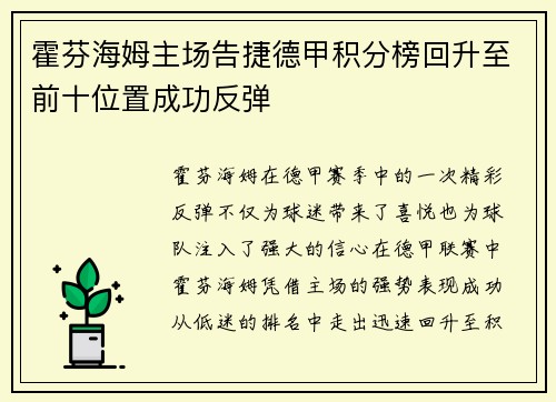 霍芬海姆主场告捷德甲积分榜回升至前十位置成功反弹