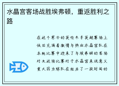 水晶宫客场战胜埃弗顿，重返胜利之路