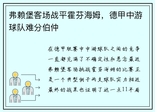 弗赖堡客场战平霍芬海姆，德甲中游球队难分伯仲