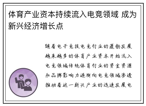 体育产业资本持续流入电竞领域 成为新兴经济增长点